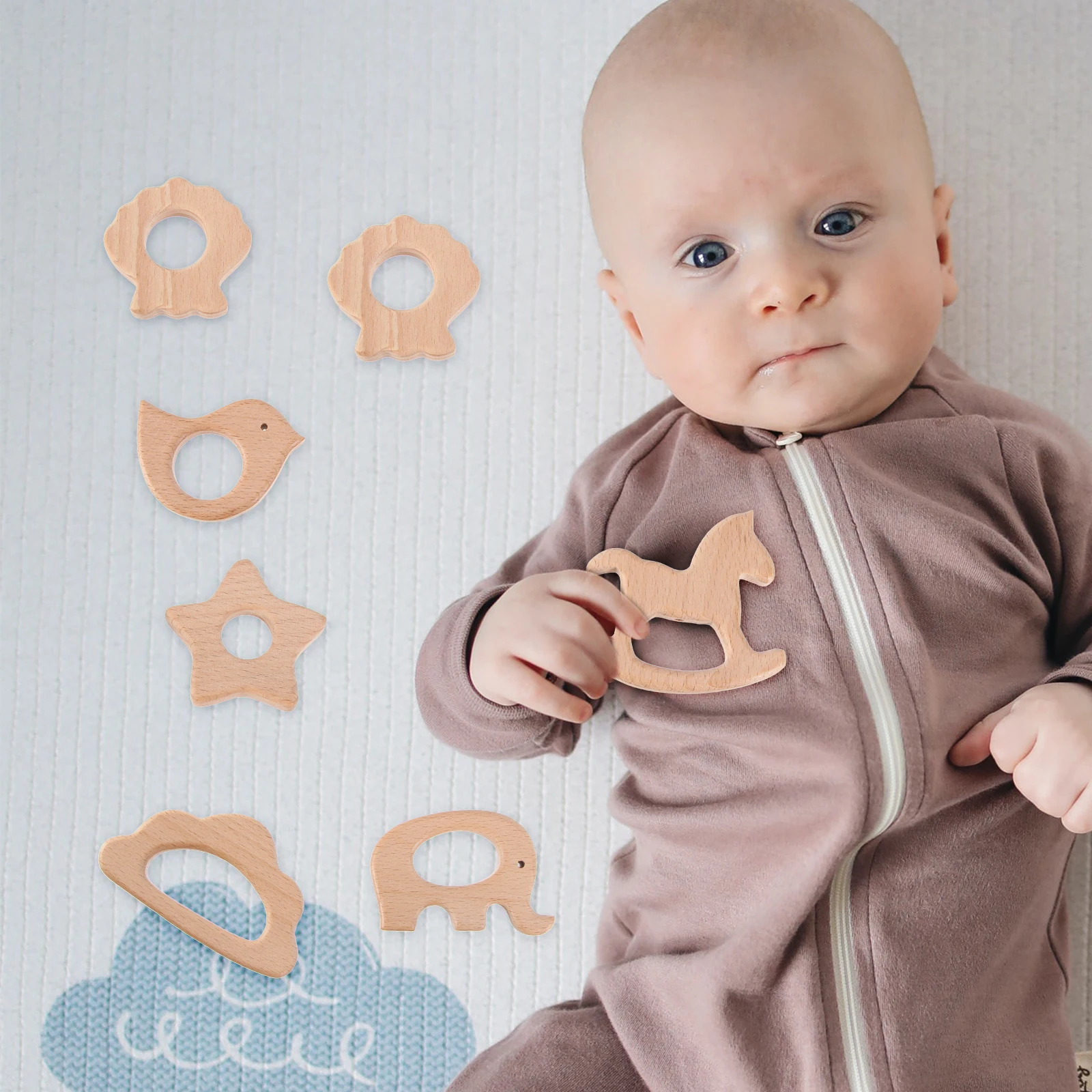 11個入り 赤ちゃん用木製歯固め 噛むおもちゃ 乳児の歯が生える時の痛みを和らげる 動物の形をした噛むおもちゃ モンテッソーリ教育ギフト 吊り下げ装飾