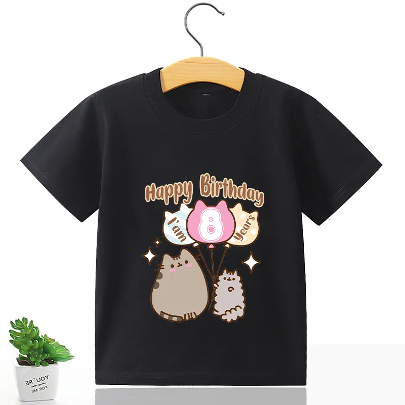 Cute Pusheen Children T-shirt Cartoon Birthday Number Tee Anime Clothing Short Sleeved Clothes Cat Girls Summer Tops Decor Hot