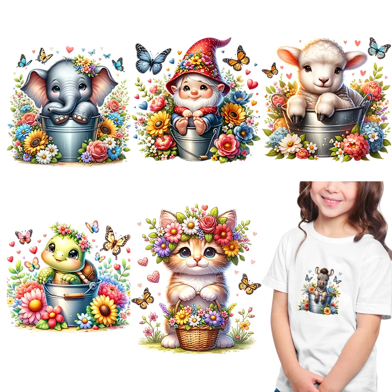 

Spring animals hand paint watercolors in buckets Iron On Transfer Vinyl Heat Transfer Thermal Stickers On Clothes Kids Appliques