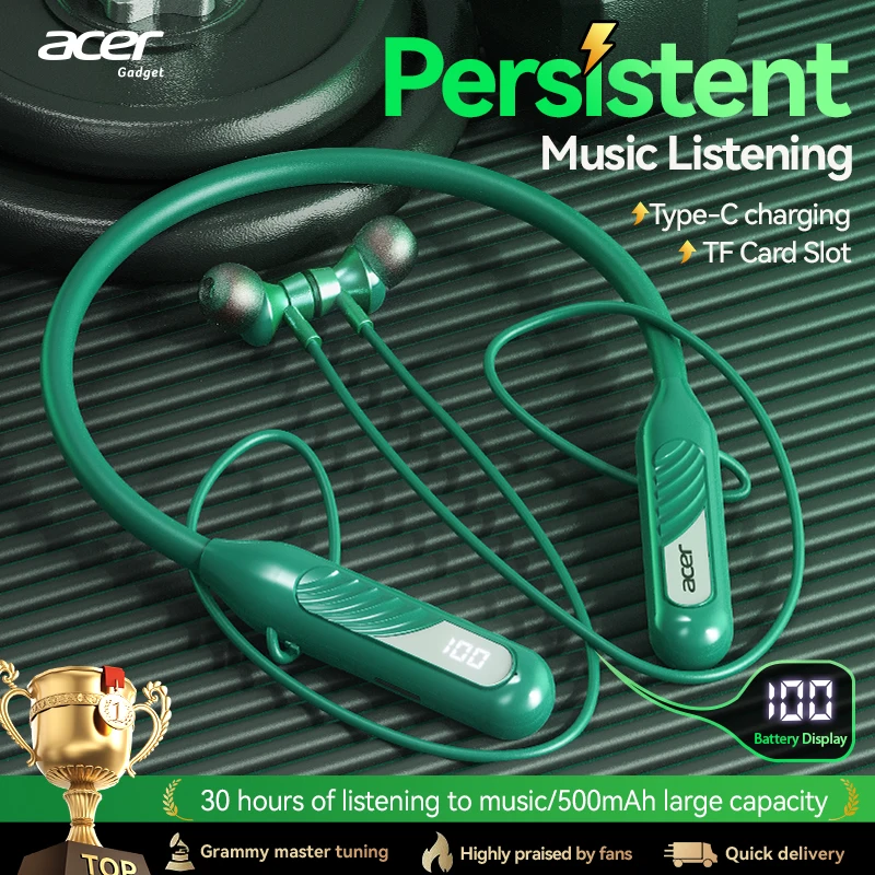 

Беспроводные Bluetooth-наушники Acer Ohr635 с шейным ремешком, внутриканальные, со сверхдолгим временем автономной работы, предназначены для занятий спортом, бега, езды на велосипеде и фитнеса, стереозвук с глубокими басами, шумоподавление во время звонко