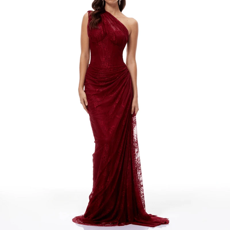 

Новое вечернее платье с высокой талией, оборками и кружевной вышивкой, с открытыми плечами, однотонное, приталенное, для банкетов и торжеств