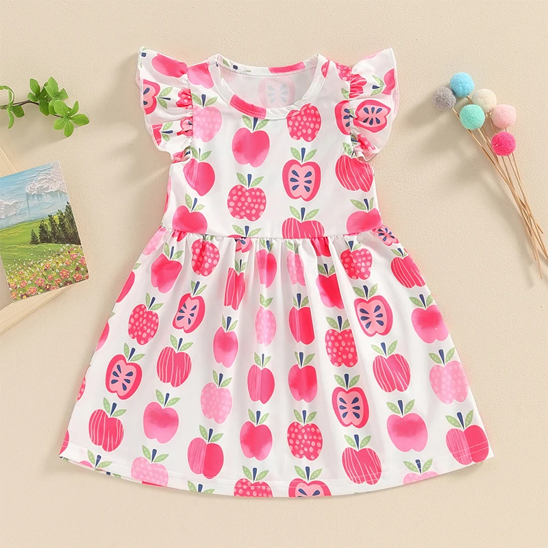 2-7Y Little Girls Summer Dress Apple Print Fly Sleeve A-line Dress Kids Casual Dresses Child Girls Girls Opening Season Clothes