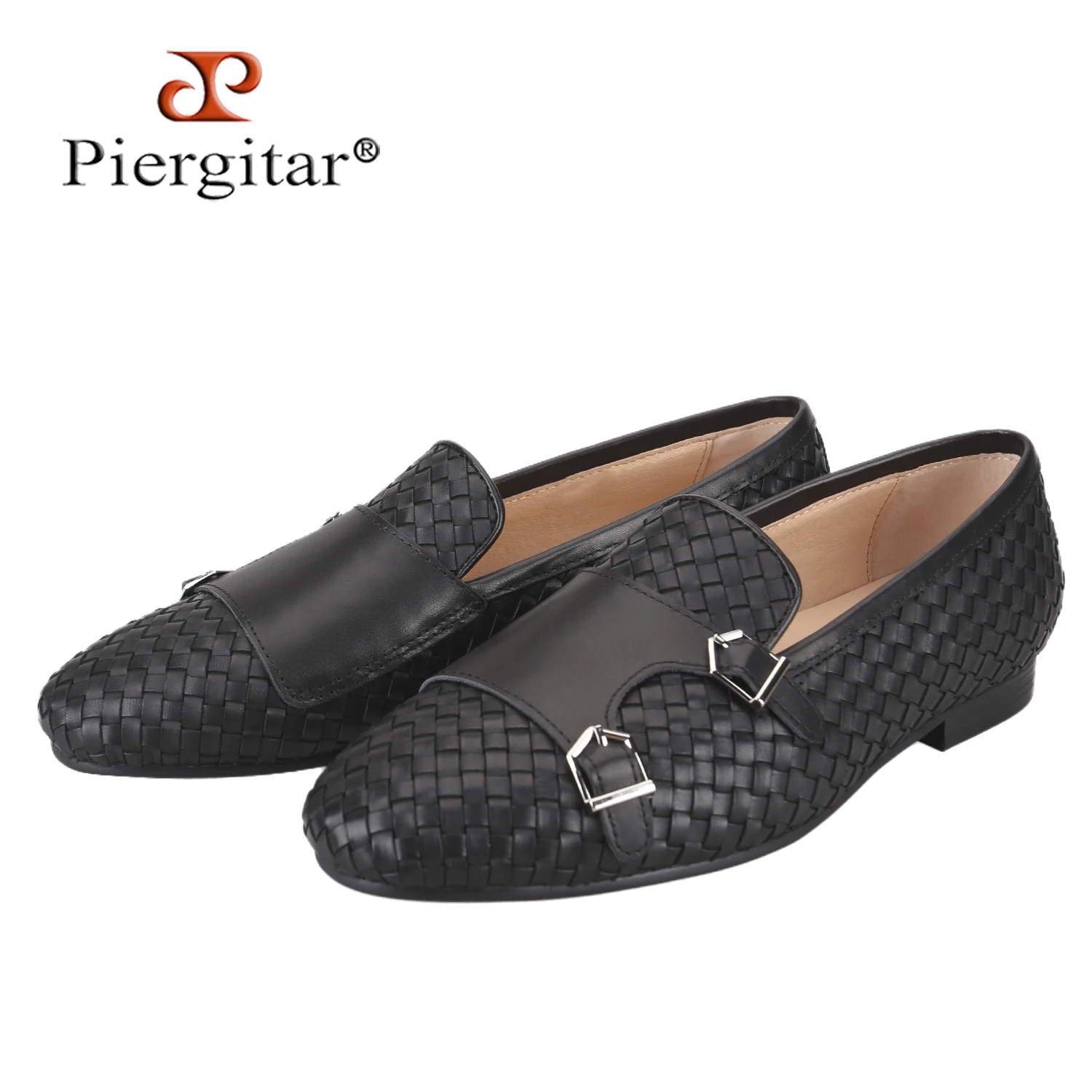 Piergitar Handcrafted Polished Calfskin Double-Monk Belgian Loafers With Sliver Buckles For Any Occasion Wear Men's Formal Shoes