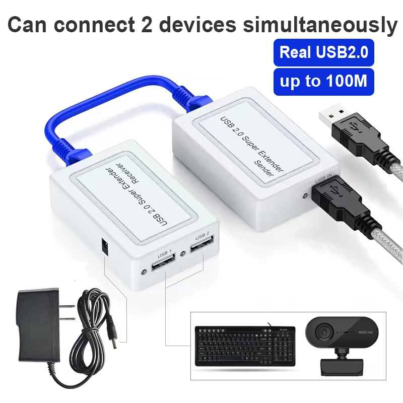 

Real 2 Port USB 2.0 Rj45 Extender Hub Adapter Over Cat5e Cat6 Ethernet Network Cable 100m for Webcam Camera Mouse Printer U Disk