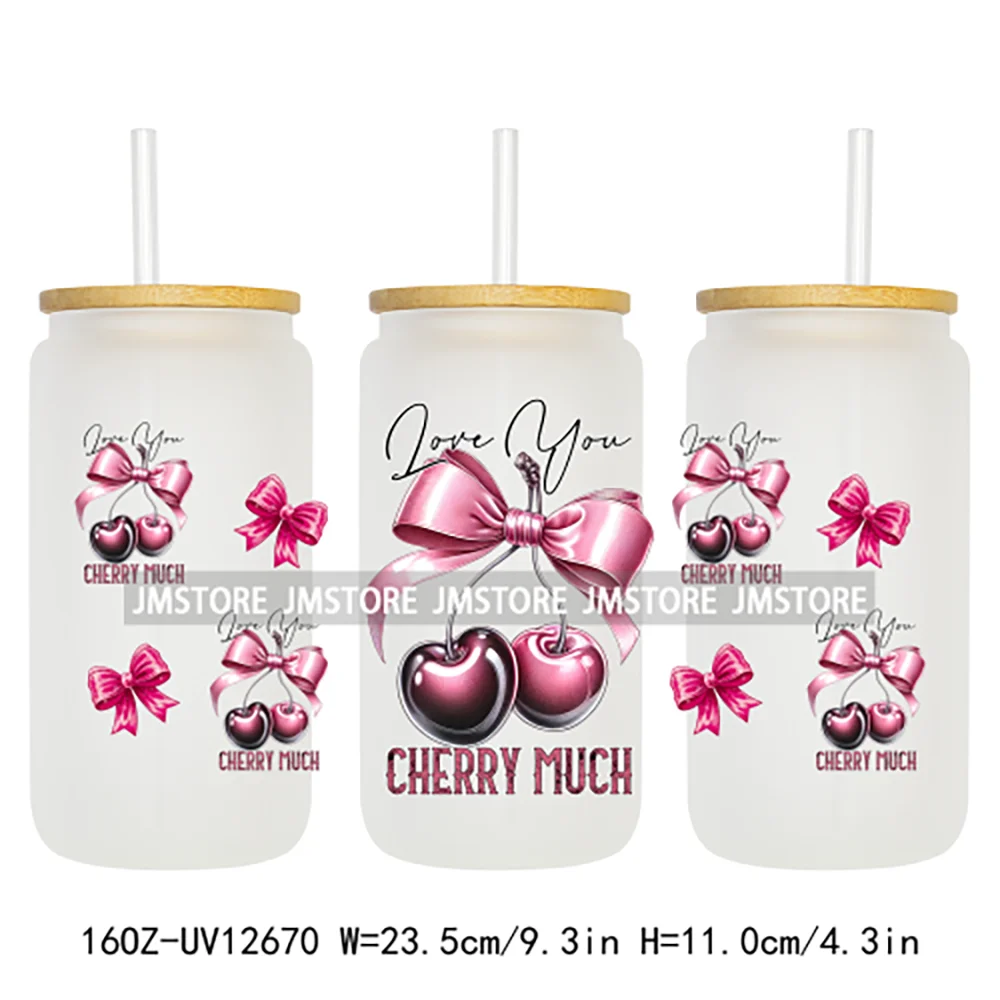 Iced Coffee Girly Pink Cherry Coquette Bow UV DTF Sticker For 16OZ Libbey Glass Cup Can Wrap Transfer Stickers Custom Labels