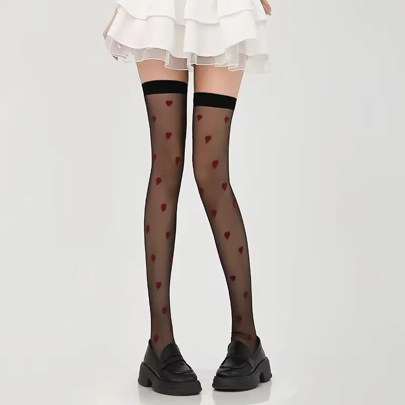 Lolita weiße ästhetische Overknee-Mädchen-JK-Socken – Kawaii rotes Herz bestickte Oberschenkelstrümpfe für Frauen, süße Strumpfhosen