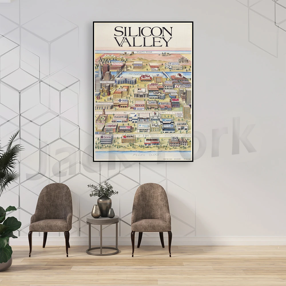 1986 Silicon Valley Poster - Vintage Silicon Valley Poster Print Art - Handmade Map Print - Pictorial Map Poster Print Art