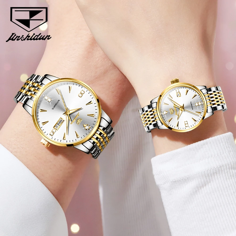 JSDUN 8943 Couple Watch Luxury Stainless Steel Original Mechanical Hand Clock Calendar Waterproof Luminous Watch For Men Women