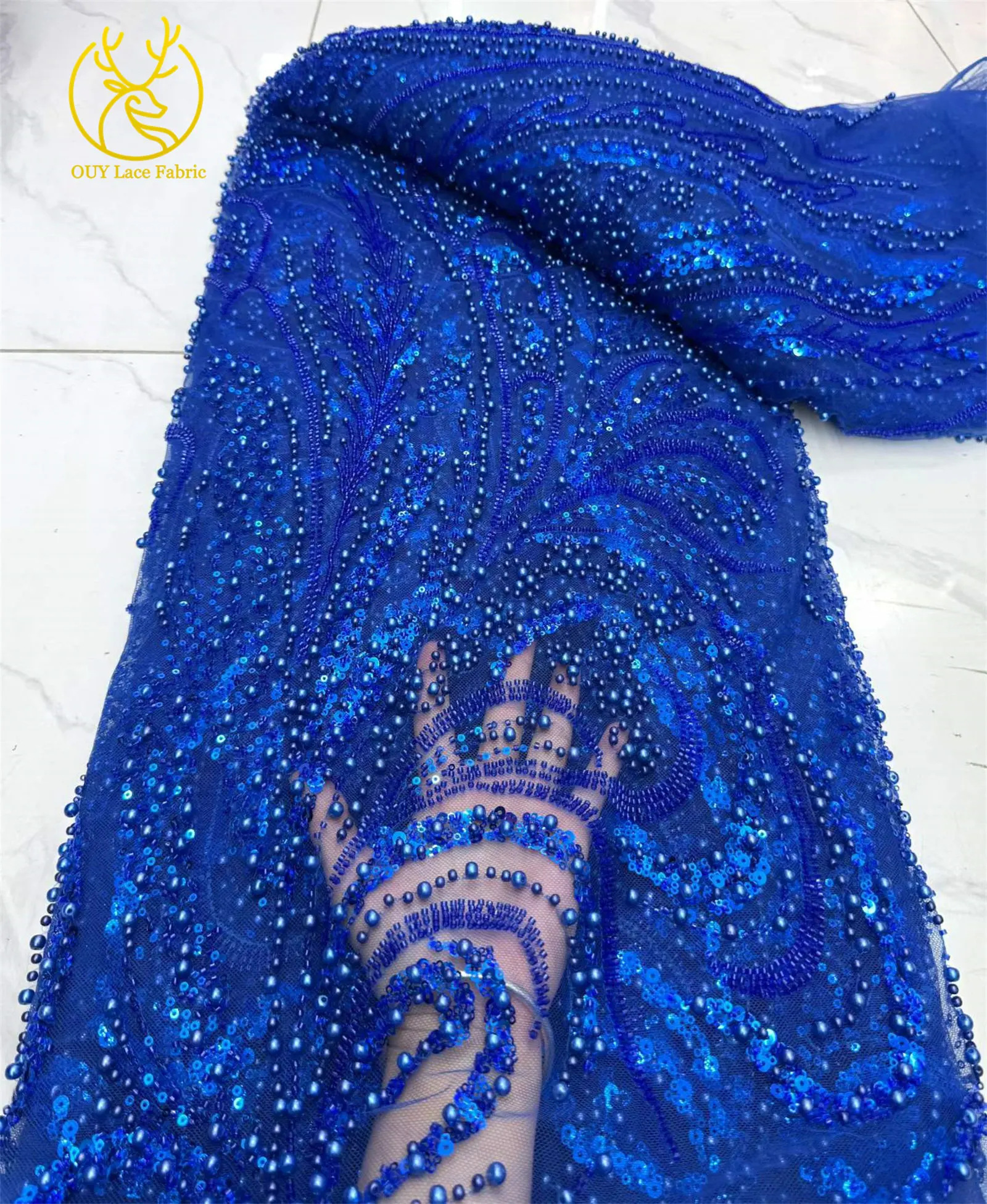 Orangefarbener Perlen-Spitzenstoff, afrikanischer Spitzenstoff, 5 Yards, hochwertige französische Netz-Pailletten-Spitze für Kleider, Heimdekoration, Nähen – Detail 5