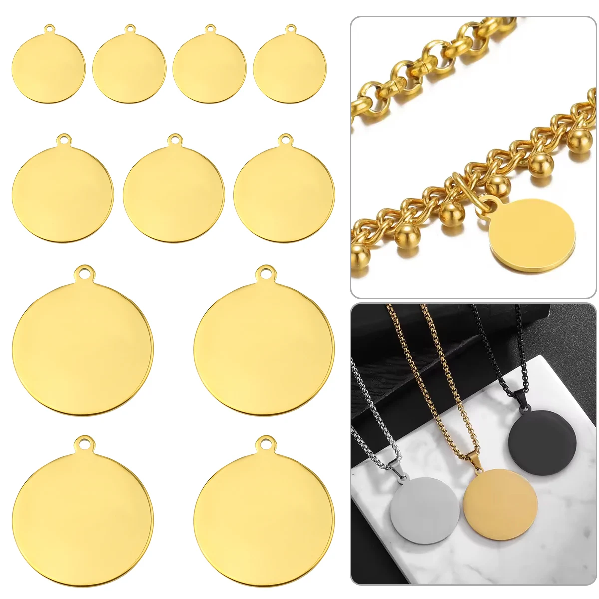 5-20pcs/lot Golden Plated Round Stainless Steel Blank Charms Pendants Logos Stamping Tags for Jewelry Making DIY Necklace Supply