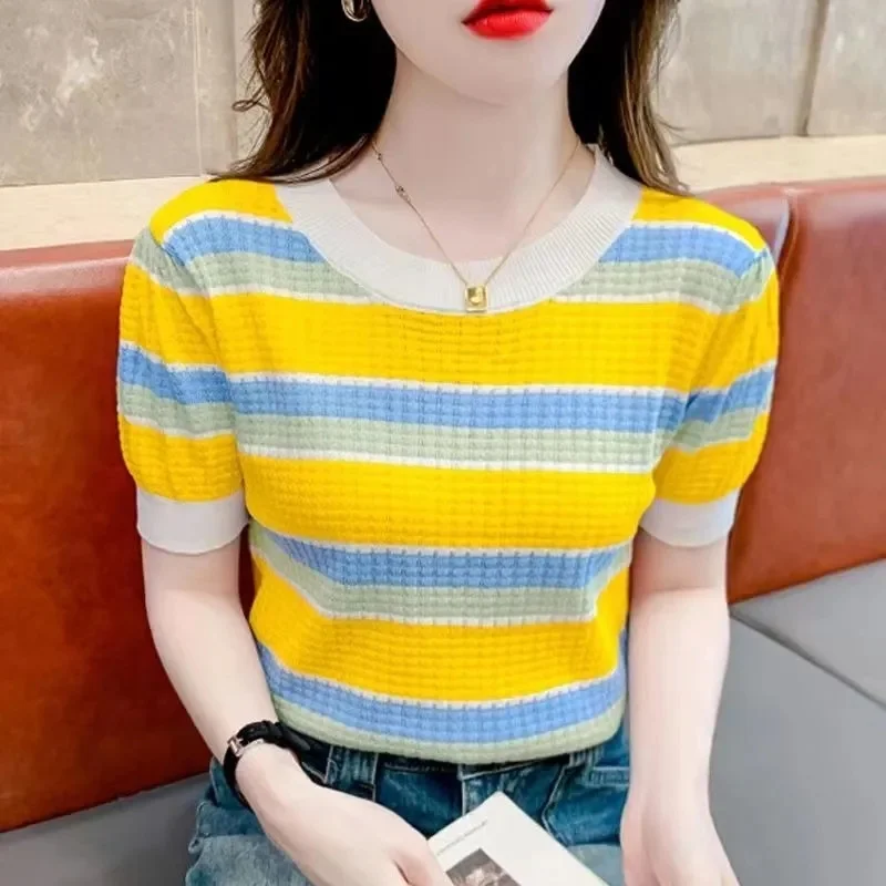 Rainbow Stripe Short Sleeved T-shirt 2024 Women Summer Skin Covering Slimming Western Style Age Reducing Thin Knitted Shirt Top