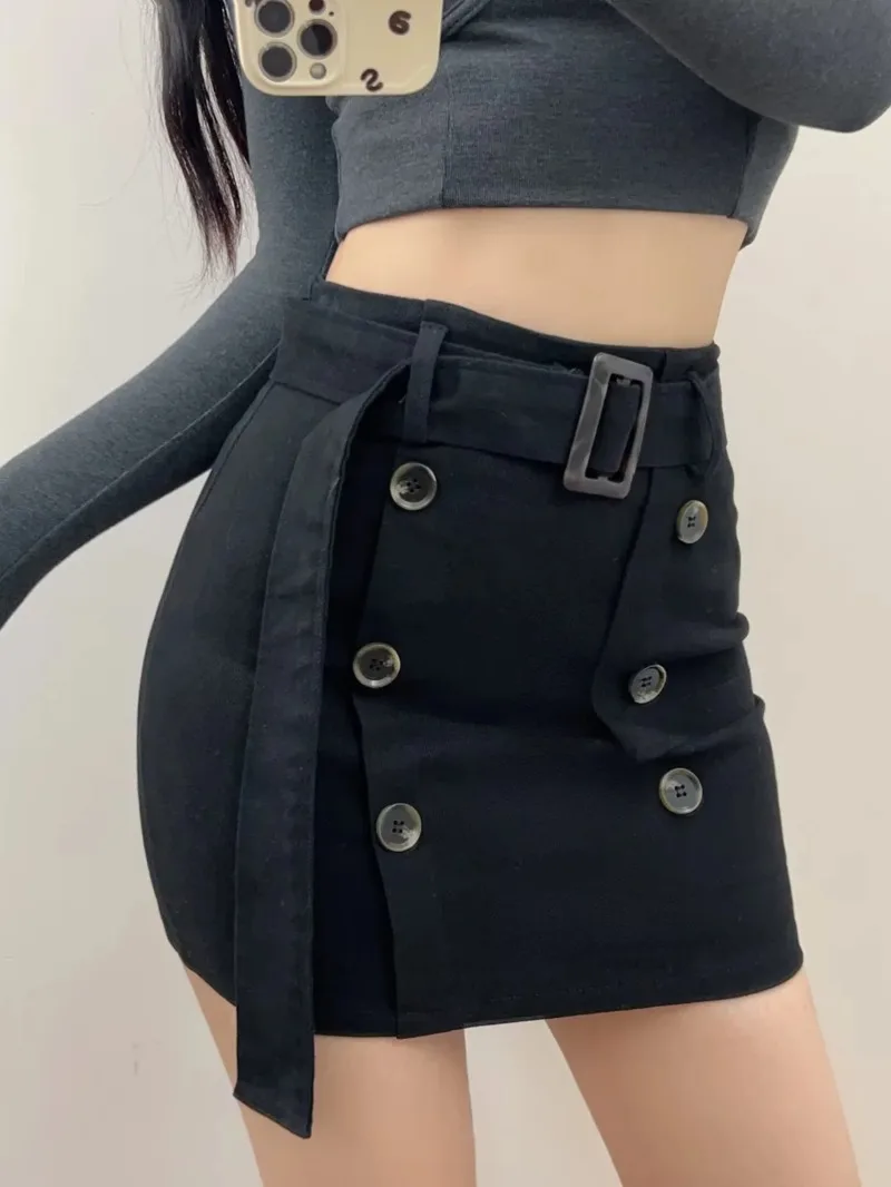 American Style Spicy Girl High Waist Double Breasted Half Length Skirt Women 2024 New Sexy Wrapped Hip Ultra Short Skirt FBY6