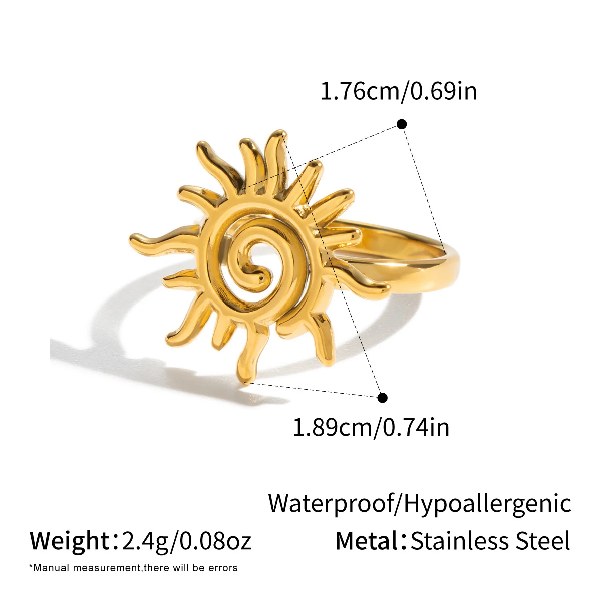 DIEYURO 316L Stainless Steel Classic Spiral Sun Rings For Women Minimalist Golden Irregular Ring Fashion Waterproof Jewelry Gift