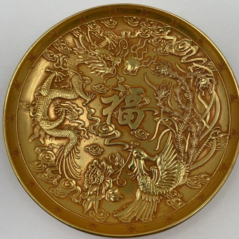 Made in Years of Qian Long Emperor of Qing Dynasty Gilding Large Dragon and Phoenix Fu Plate Dish Home Decoration Dragon and Pho