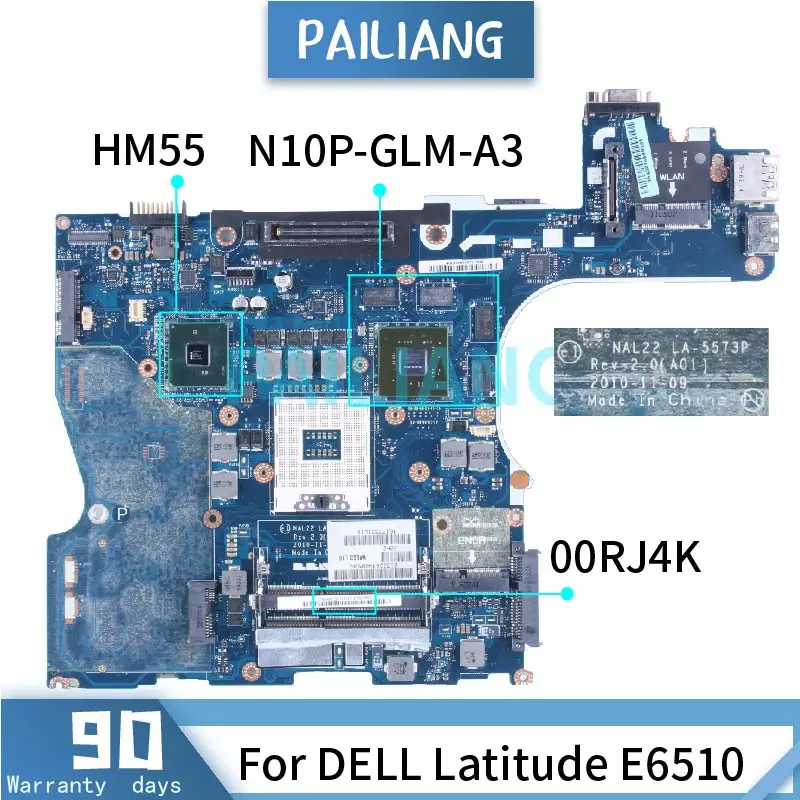 For DELL Latitude E6510 Laptop Motherboard 00RJ4K LA-5573P N10P-GLM-A3 QM57 DDR3 Notebook Mainboard