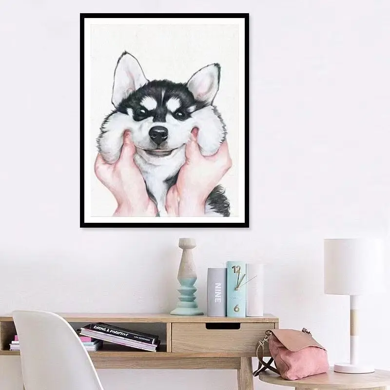 Handmade cross stitch finished product, cute Husky puppy animal upright version, wall art living room bedroom