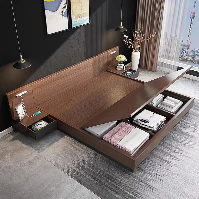 Home Bedroom Furniture Double Queen King Bed Size Wood Bed Frame With Headboard Modern Storage MDF Hotel Bed