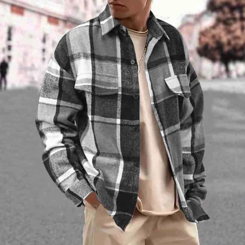 

American European Winter Autumn New American Style Loose Collar Shirt Wool Plaid Checkered Casual Versatile Men Outerwear