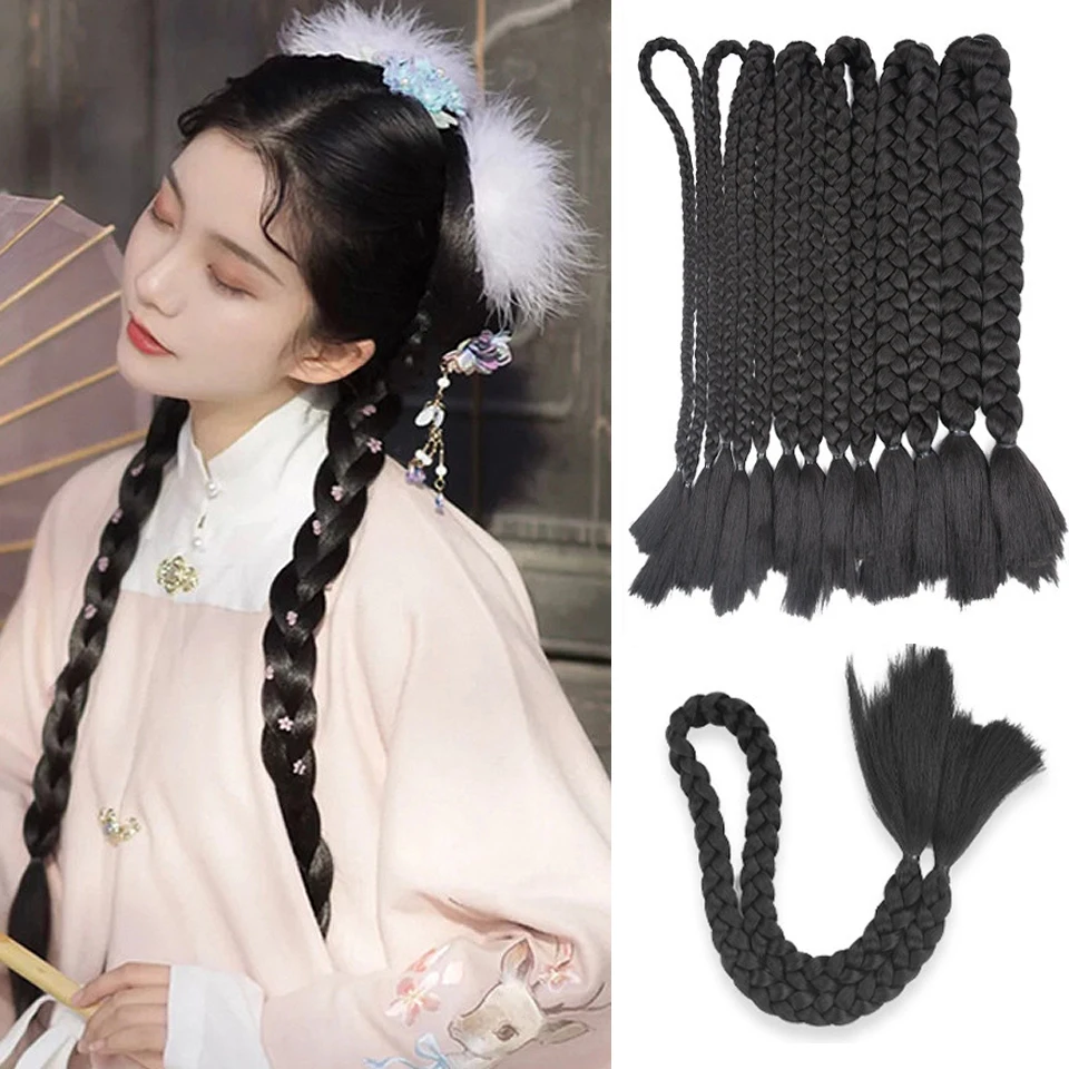 Retro Braiding Hair Extensions Synthetic Braids Hanfu Wig Ancient Style Headband Braid Integrated headband Wig Women