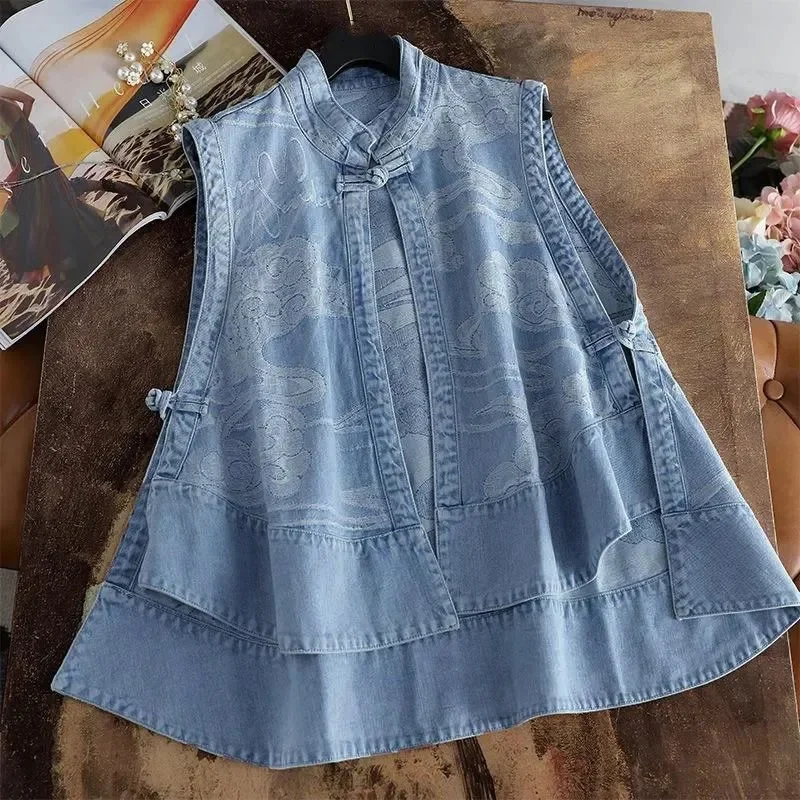 New Female Cowboy Vest Tops Coat Chinese Style Buckle Female Denim Waistcoat Jacket Ladies Cardigan Leisure Sleeveless Outerwear