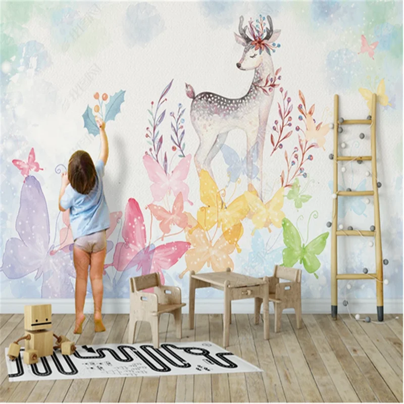 

Nordic hand-painted 3d Mural Wallpaper for Kids Room Pastoral Cartoon Elk Butterfly TV background Wall Paper 3D home decor