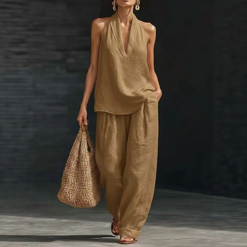 

2026 Spring and Summer New Sleeveless Loose Shoulder Suit Women's Summer Wide-leg Pants Two-piece Set