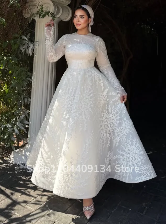 Muslim Lace Wedding Dress Long Sleeve A‑Line Ankle Length White Bridal Gown Modest Dubai Lace Appliqued Evening Dress Customized