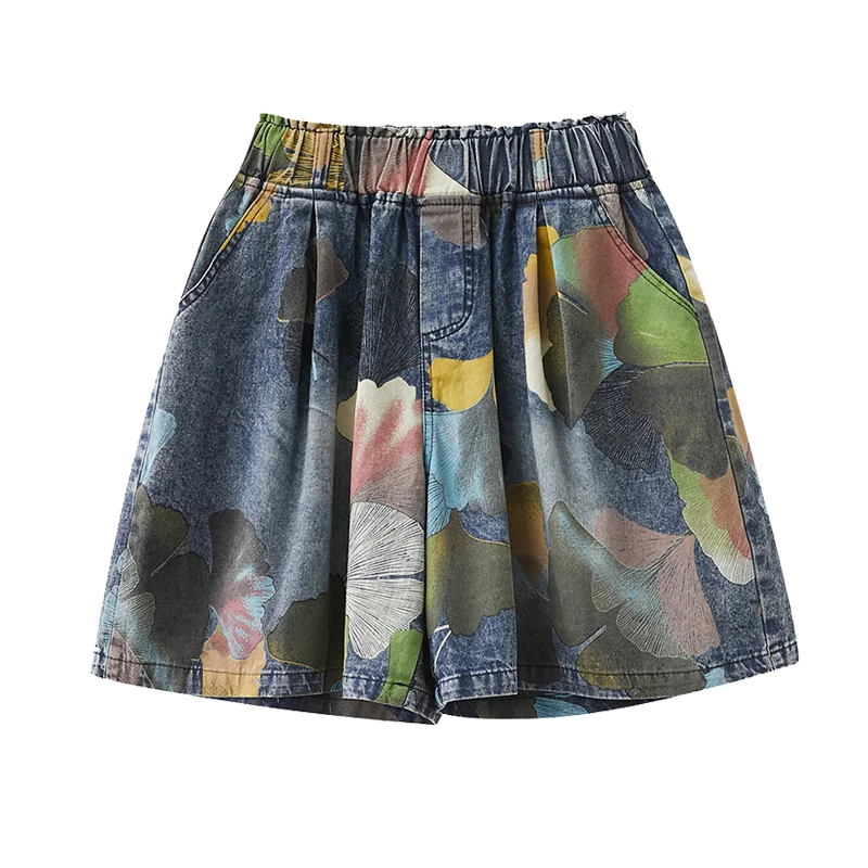 9021 Vintage Printing Denim Shorts for Women Summer Fashion Elastic Waist Loose Casual A-line Comfortable Half Length Pants