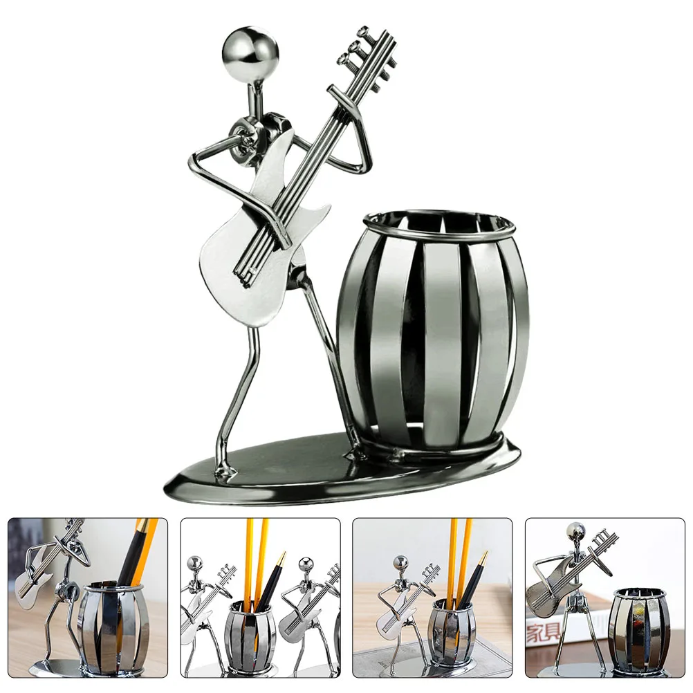 

Iron Musician Pen Holder Metal Art Decoration Guitar Player Statue Vintage Desktop Ornament for Home Office Gift Travel