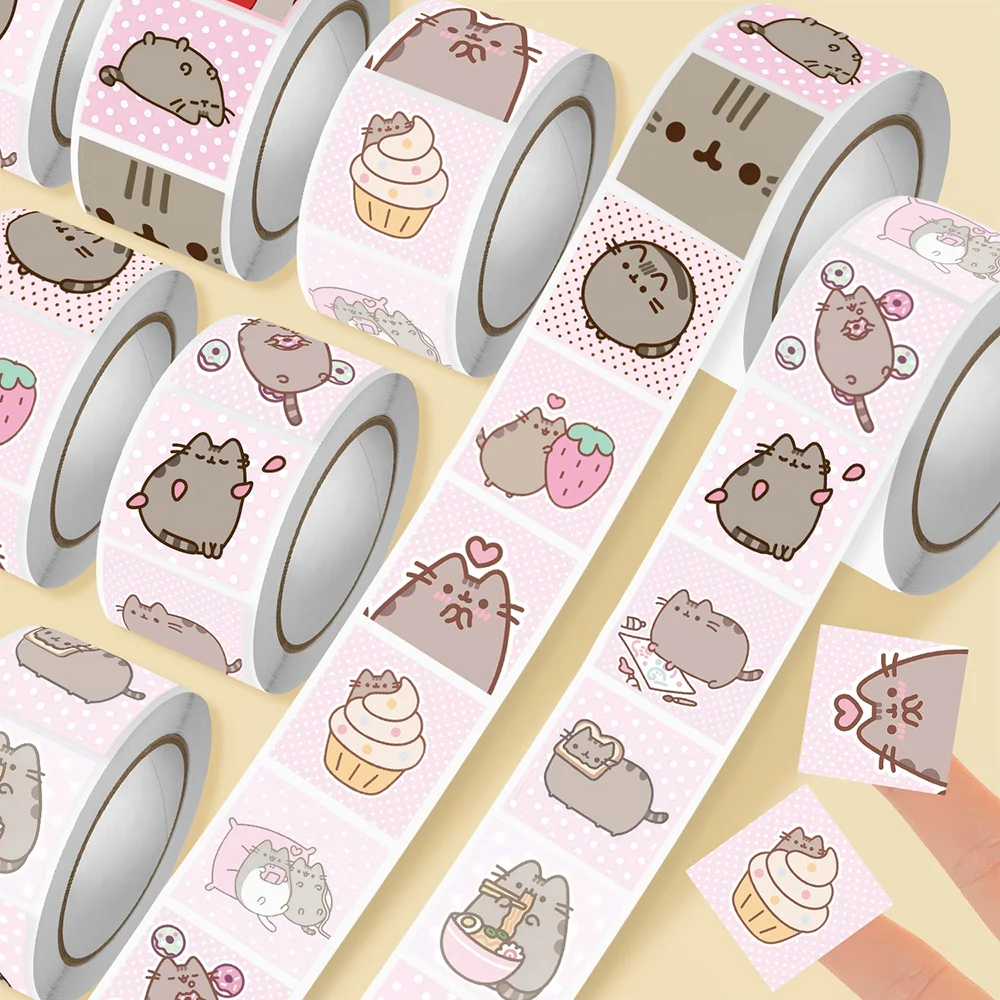 500pcs/Roll Cartoon Cute Pusheen Graffiti Roll Sticker PVC Material Personalized DIY Mobile Phone Envelope Waterproof Children's