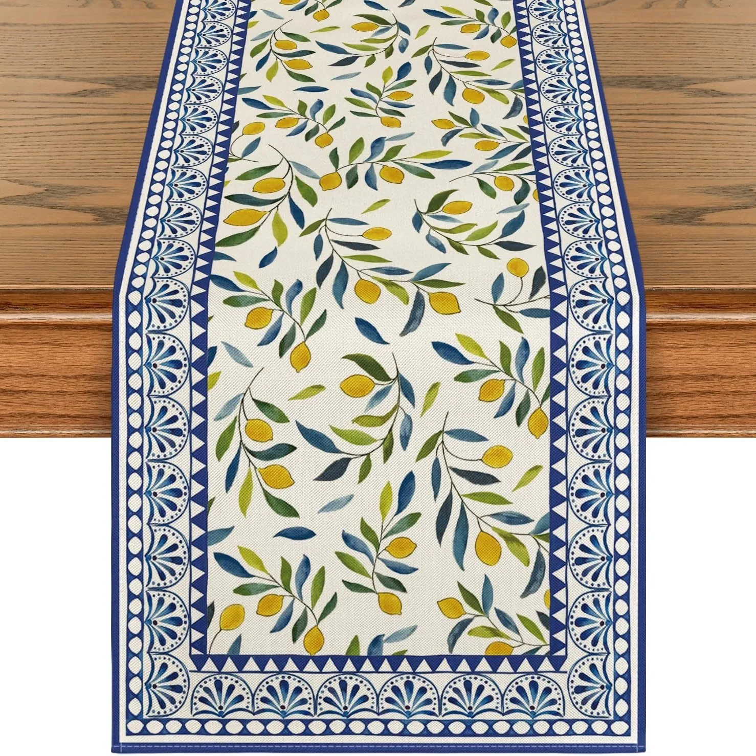 

Mediterranean Lemon Print Table Runner Olive Leaves Blue White Border Desk Mat for Kitchen Dining Room Garden Party Decoration