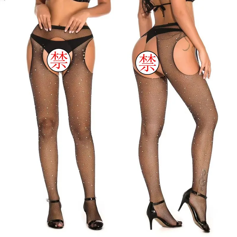 مثير المرأة Crotchless جوارب طويلة شبكية مع حجر الراين كبير مطاطا النايلون مفتوحة المنشعب الماس شبكة الجوارب لنادي الحفلات