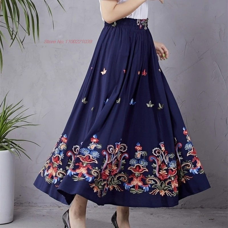 2025 chinese vintage skirt national flower embroidery ethnic skirt retro elastic waist a-line skirt traditional folk dance skirt