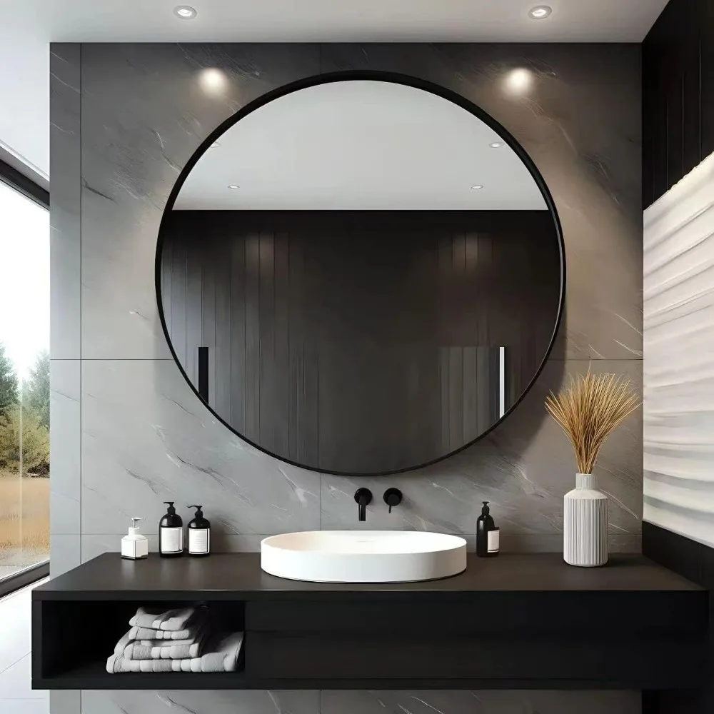 

Black round mirror 30 inch bathroom vanity round mirror - elegant wall mirror with metal frame