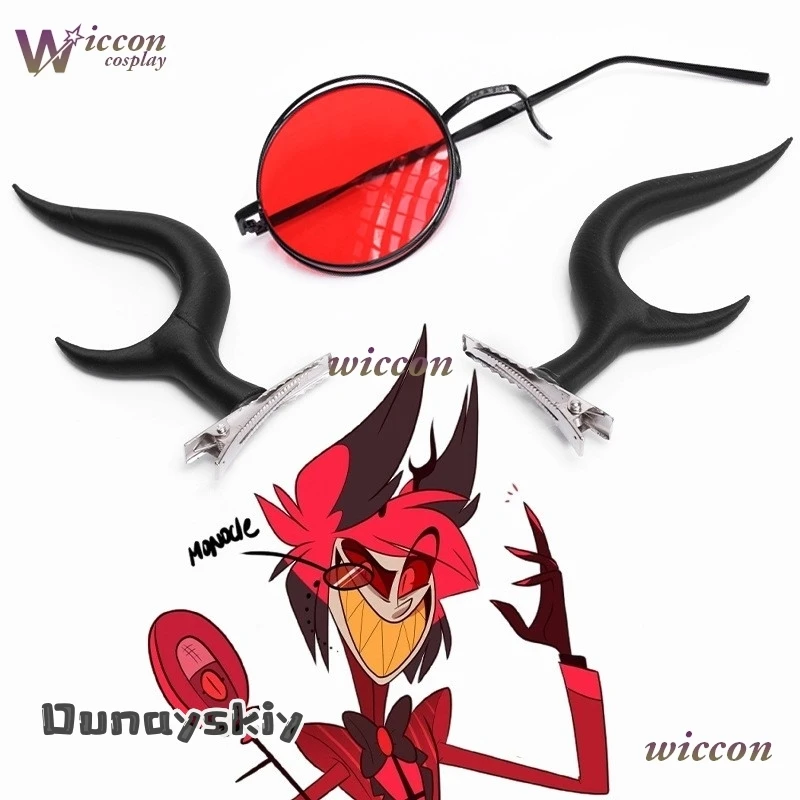 Hemera aBc@Hazzbin2 أزياء تنكرية وردية اللون لراديو الفندق شيطان ألاستور كوسبلاي نظارات قرون ألستور ميكروفون شعر مستعار للهالوين #6