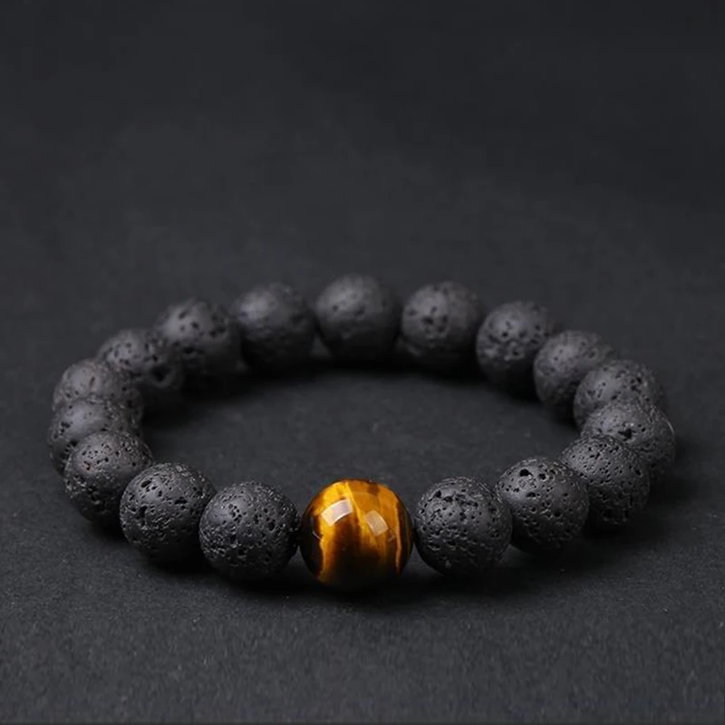 Retro Volcano Stone Round Black Bracelet Homme Natural Lava Stone Beads Luxury Gold Color Jewelry for Women Oil Diffuser Bangle