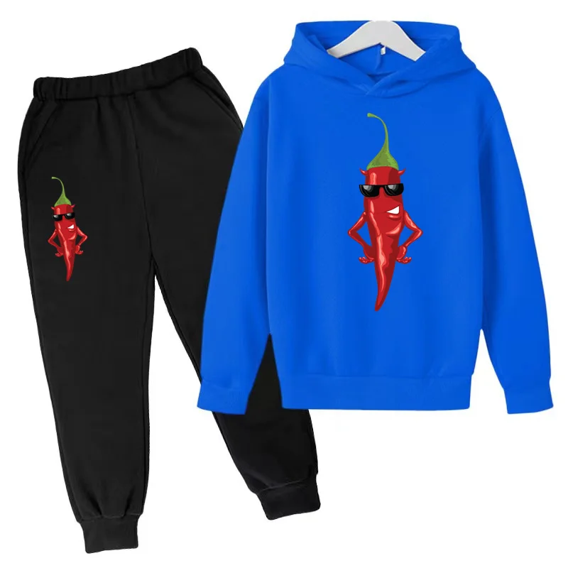 Boys and Girls '2-Piece Cartoon Hoodie e calças conjunto, moletom, Jumper, terno casual, topo, bonito, engraçado, pimenta impressão, crianças, criança, 3-12Y