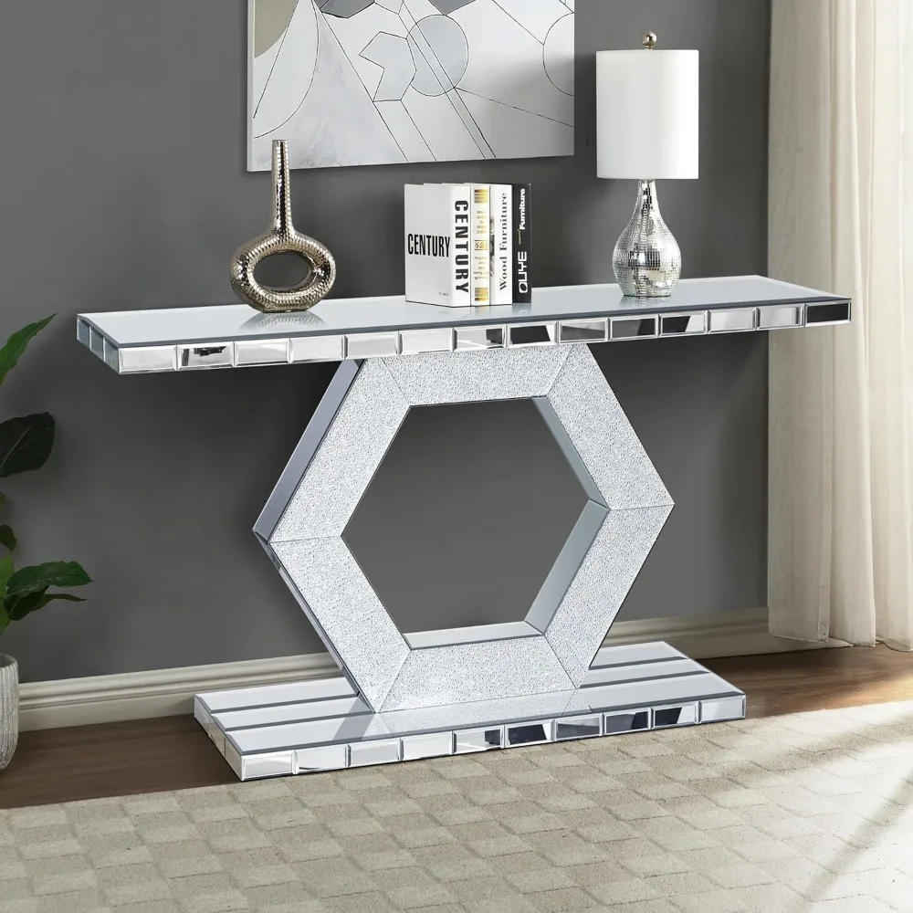 

55" Silver Mirrored Console Table, Rectangle Sofa Table with Sparkling Crystal Hexagon Base, Modern Luxury Mirrored Furniture wi