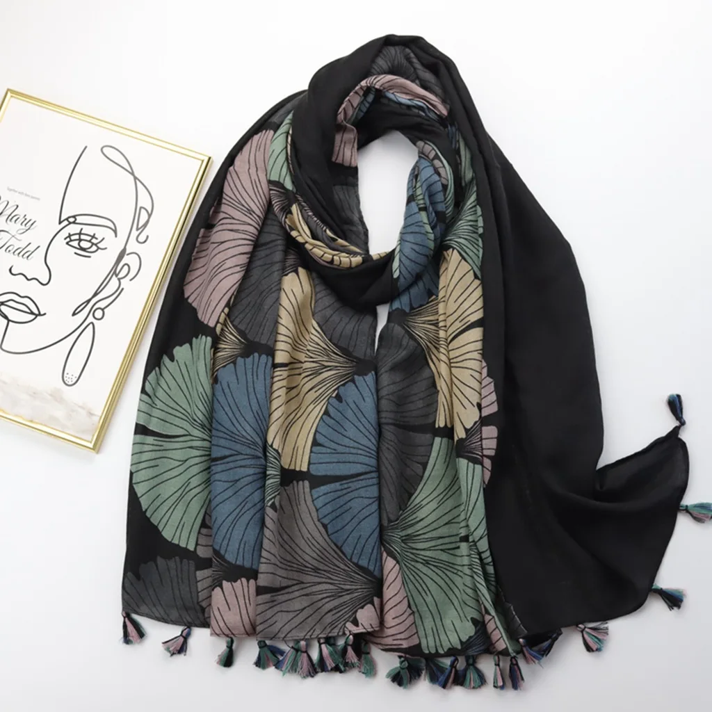 

2022 Newest Women Leaf Pattern Geometry Pattern Scarf Cotton Voile Tassel Scarf Shawls 2prints