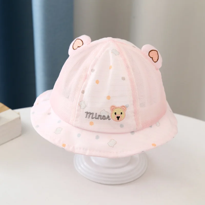 Cute Dot Cartoon Bear Mesh Baby Bucket Hat New Children Cotton Sunscreen Caps Boy Girl Panama Hat Unisex Fishing Hat For 3-12M