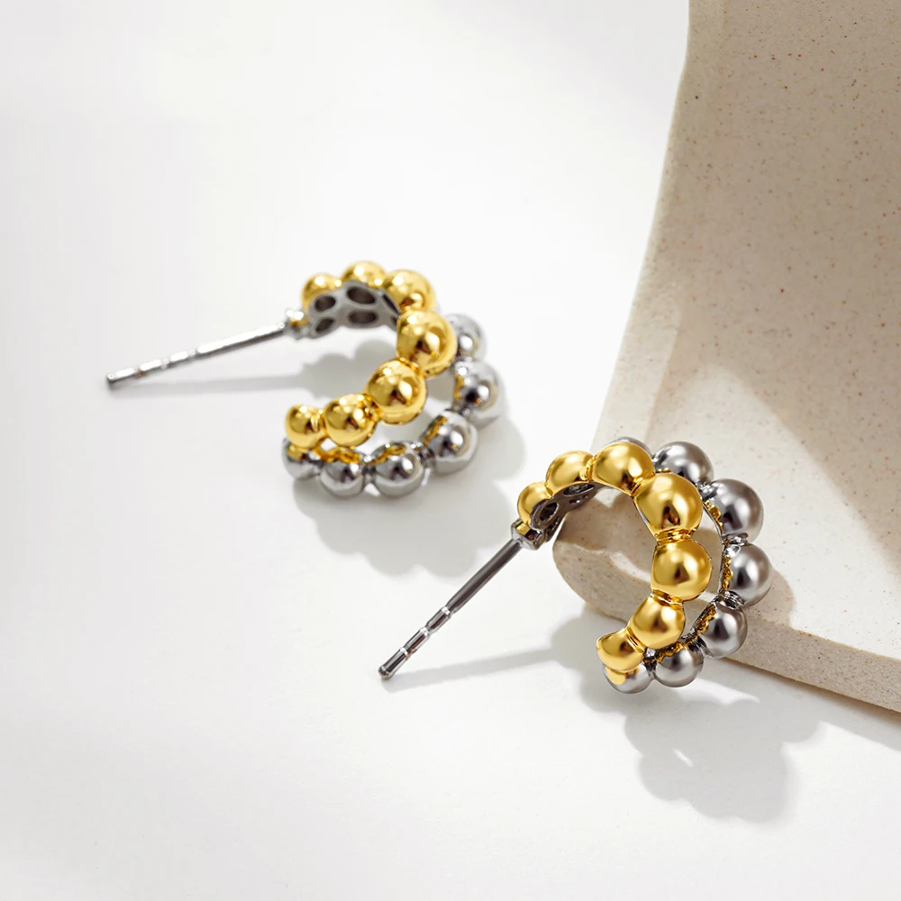 Punk Double Layer Small Beads Ball C Shape Hollow Stud Earrings for Women Stainless Steel Personalized Fashion Jewelry