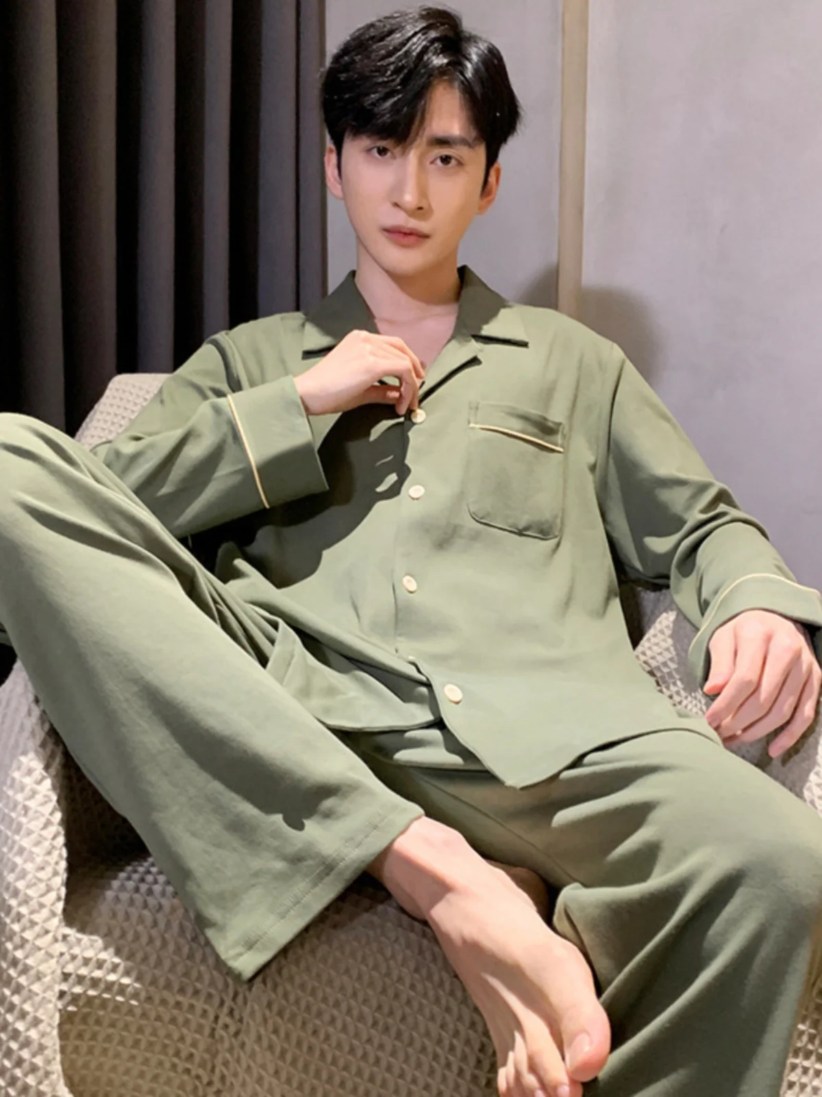 

2024 New Men's Spwear Home Clothes Long Sve Long Pants Gold Cartoon Pattern Polyester Fiber mid Waist Underwear
