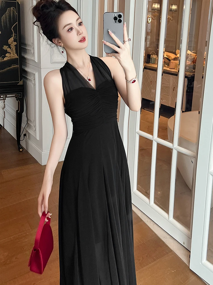 Summer Fashion Black Mesh Vacation Evening Dress Women Clothes Sexy Halter Backless Slim Folds Maxi Long Robe Party Prom Vestido