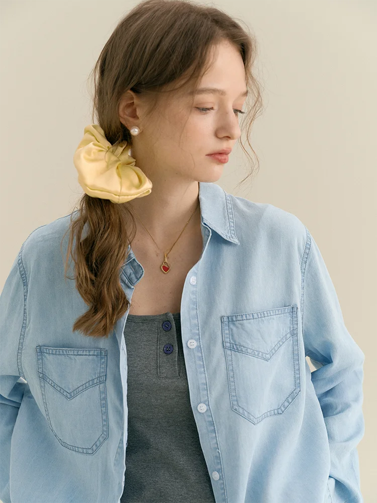 

Rina Berry Vintage 100% Silk Denim Loose Soft Simple Design Versatile Long Sleeve Shirt Women's Business Casual Pure Color