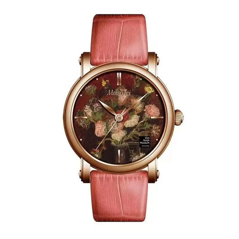 VanGogh-Montre à quartz pour filles, surface de peinture à l'huile imprimée en 3D, ceinture en cuir de vachette