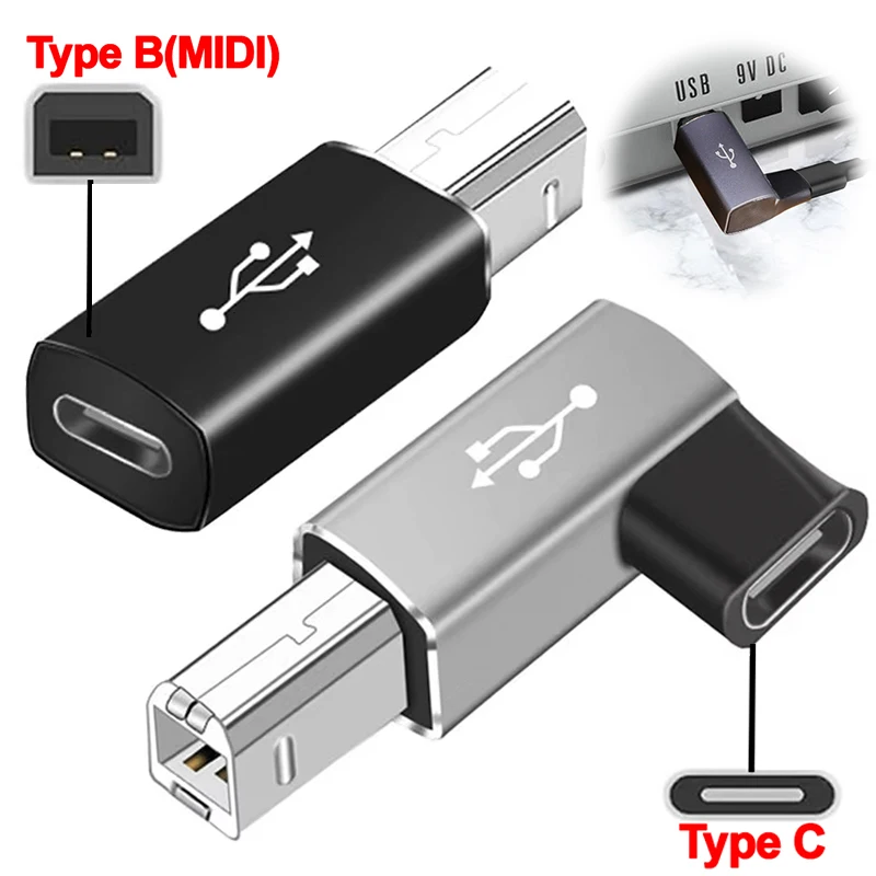 Universal 90 Degree Right Angle Elbow USB Type C Female To Type B MIDI Male Adapter Converters for Printer Controller Keyboard