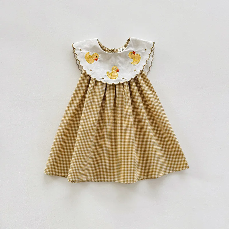 Cartoon Duck Embroidered Sleeveless Girls' Dress 2025 Summer Checkered Doll Neck Children's Tank Top Dress