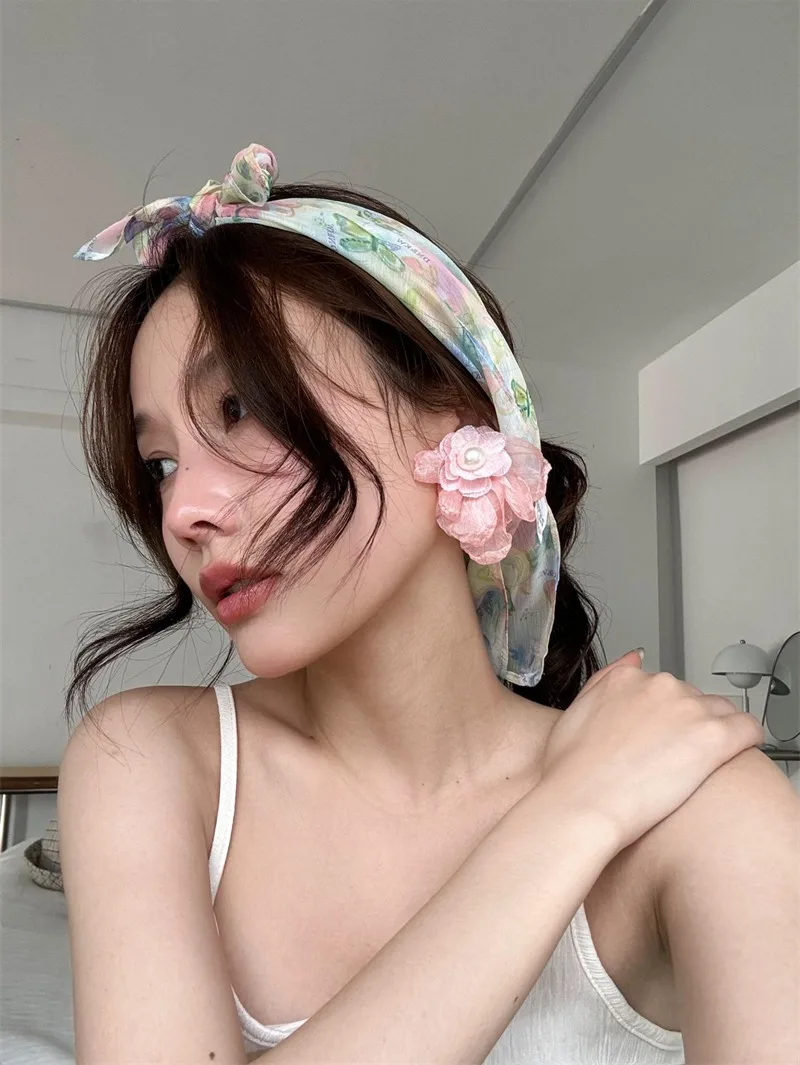 French Floral Headscarf Spring Summer Artistic Chiffon Square Scarf Beach Retro Hair Scarf Women Travel Photo  Accessories