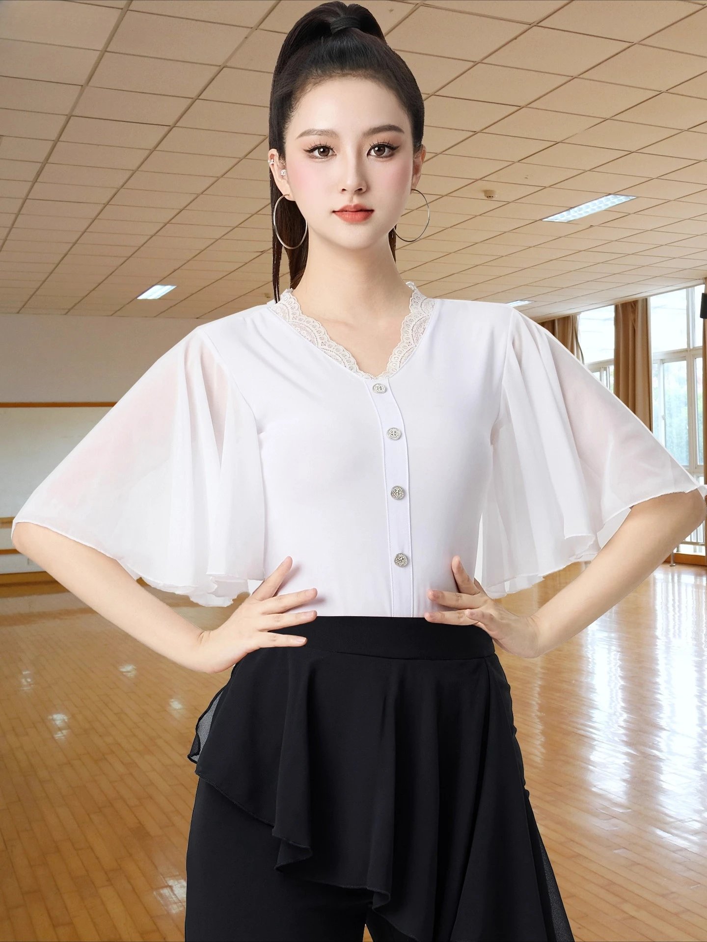 

Summer Ruffled Sleeves Modern Dancing Top Women Fashion Latin Tops Waltz Ballroom Dance Competition Tops Stage Practice Wear