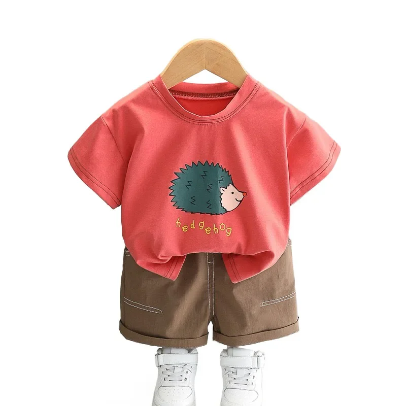 Children's Summer Leisure Two Piece Clothes Set 2024 Cartoon Hedgehog Printed O-neck Short Sleeve T-shirts and Shorts Boys Suit